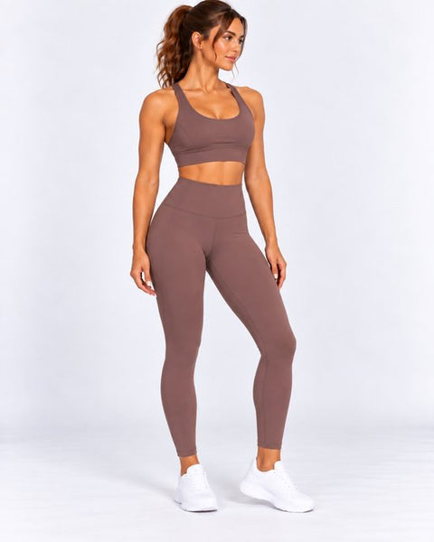 SparkNine Elevate Sportset - tweedelig - L - bruin - high-impact ondersteuning - hoge taille - cross back - compressie - hoge taille - sportkledingset