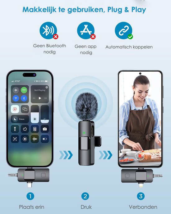 Vesfy Pro Microfoon Draadloos - Geschikt voor iPhone, Android en Camera - Plug & Play - 20 Meter Bereik - 2 Stuks - Microfoon