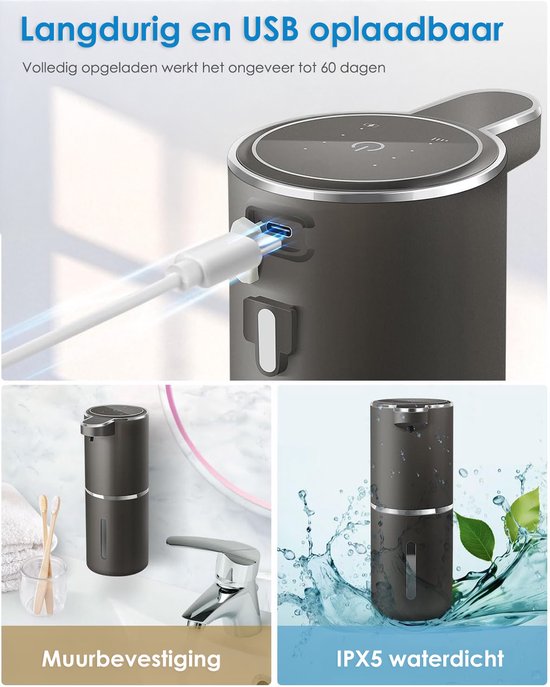 Vesfy Automatische Zeepdispenser Zwart met Wandmontage - USB Oplaadbaar - Infrarood Sensor en Foamfunctie - 380ml - Zeeppompje