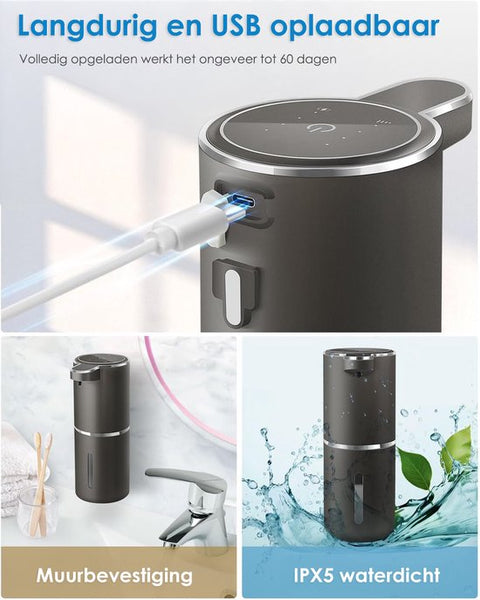 Vesfy Automatische Zeepdispenser Zwart met Wandmontage - USB Oplaadbaar - Infrarood Sensor en Foamfunctie - 380ml - Zeeppompje