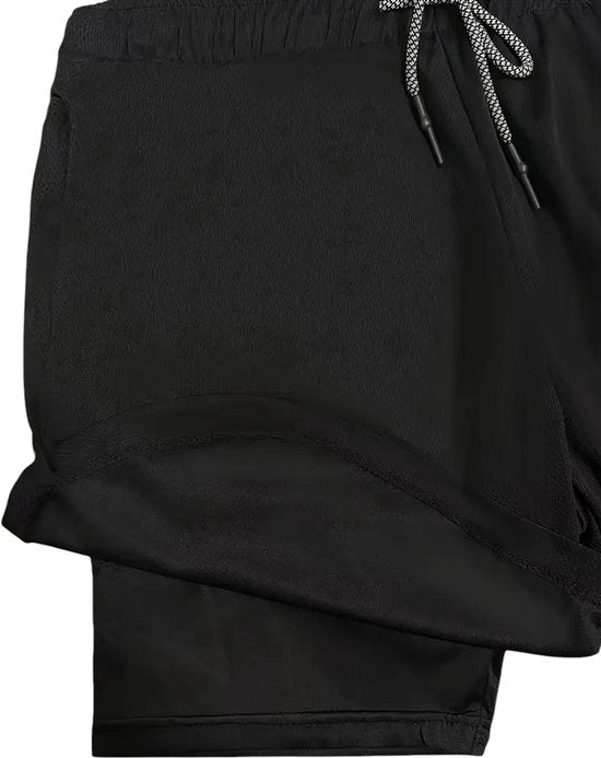 SparkNine Stridex fitness short heren - dubbellaags - met telefoonzak - S - zwart - sneldrogend - met handdoeklus & zakken - functioneel & comfortabel