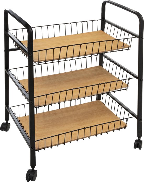 5Five® Serveerwagen met 3 draadstaal opbergvakken 52x39x70 cm - Zwart