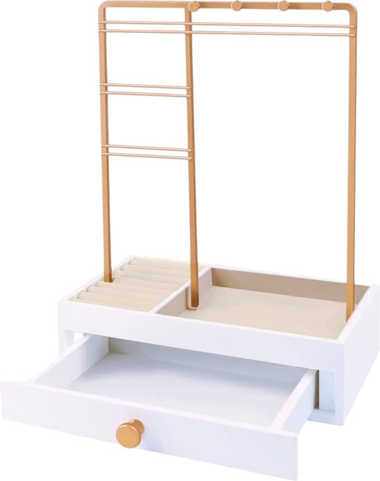 Sieradenhouder met Lade - Goudkleurig - Oorbellenrekje - Display - Hout en Metaal - Oorbellenhouder - Oorbellenrekje