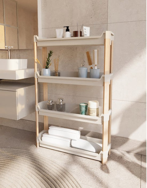 Fixwood Modulaire Opbergkast – 4-Laags Houten Rek met Kunststof Bakken – Badkamer, Keuken & Woonkamer – Duurzaam en Stijlvol Design – 68 cm Hoog – Beige - Naturel