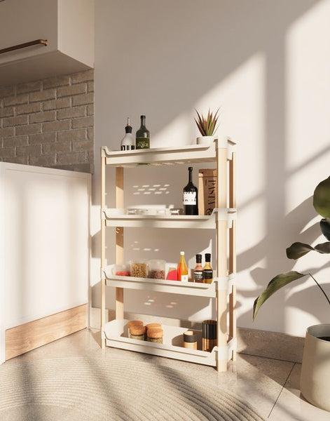 Fixwood Modulaire Opbergkast – 4-Laags Houten Rek met Kunststof Bakken – Badkamer, Keuken & Woonkamer – Duurzaam en Stijlvol Design – 68 cm Hoog – Beige - Naturel
