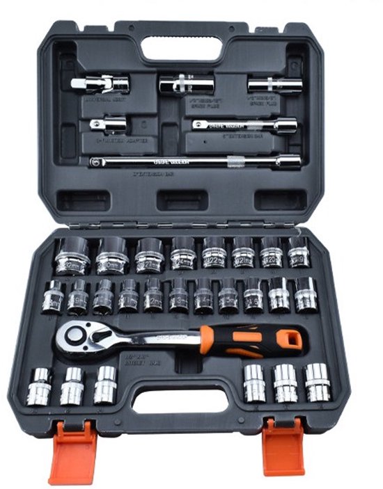 Doppenset met Ratelsleutel – Professionele 1-4” & 1-2” Doppen – Inclusief Verlengstukken en Opbergkoffer – Voor Auto, Motor & Kluswerk