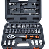 Doppenset met Ratelsleutel – Professionele 1-4” & 1-2” Doppen – Inclusief Verlengstukken en Opbergkoffer – Voor Auto, Motor & Kluswerk