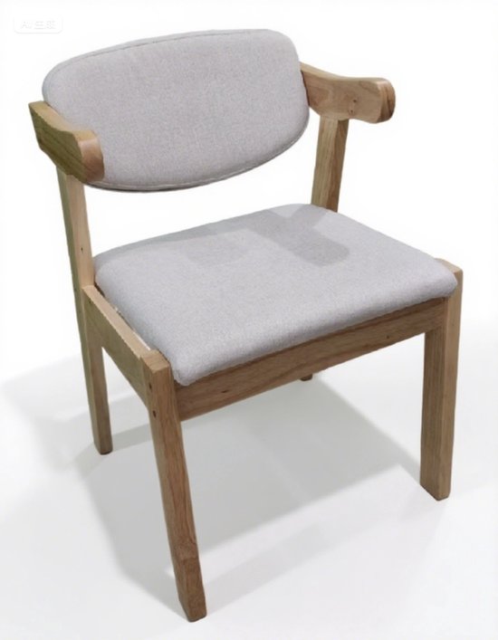 Houten Eetkamerstoel met Armleuning en Grijs Kussen – Scandinavisch Design – Comfortabele Keuken- en Woonkamerstoel – 73x50x50 cm