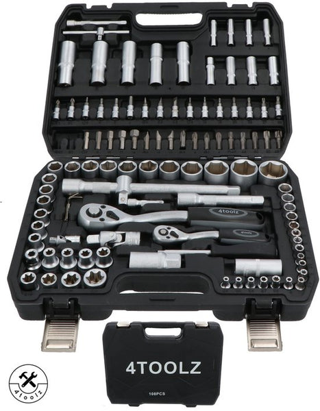 4toolz ® Doppenset 108-delig in Koffer - 72 tands Ratels 1/2" en 1/4'' Doppen en Bit-set
