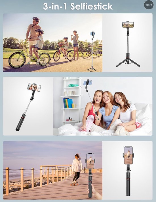 Vesfy 3-in-1 Selfiestick met Statief & LED Verlichting - Bluetooth - 114cm - Voor iPhone & Android