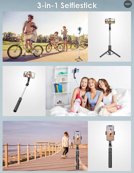 Vesfy 3-in-1 Selfiestick met Statief & LED Verlichting - Bluetooth - 114cm - Voor iPhone & Android