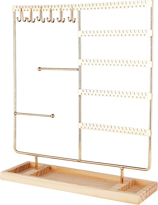Sieradenhouder - 35 x 30 x 9,5 cm - Goudkleurig - Oorbellenrekje - Display - Hout en Metaal - Oorbellenhouder