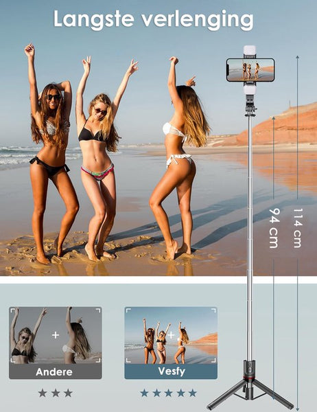 3-in-1 Tripod & Selfie Stick met LED Verlichting - 114 cm Uitschuifbaar - Bluetooth Afstandsbediening - Voor iPhone & Android - Statief Telefoon
