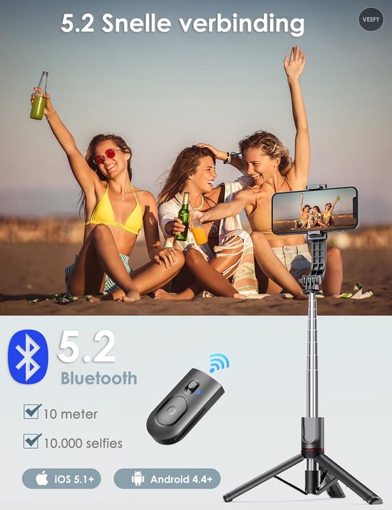Vesfy 3-in-1 Selfiestick met Statief & LED Verlichting - Bluetooth - 114cm - Voor iPhone & Android