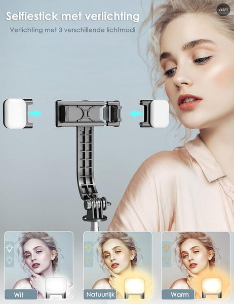 Vesfy 3-in-1 Selfiestick met Statief & LED Verlichting - Bluetooth - 114cm - Voor iPhone & Android