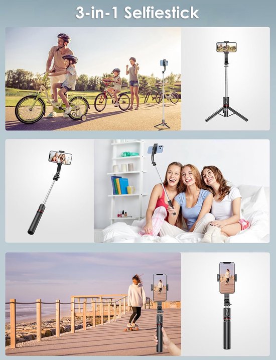 3-in-1 Tripod & Selfie Stick met LED Verlichting - 114 cm Uitschuifbaar - Bluetooth Afstandsbediening - Voor iPhone & Android - Statief Telefoon