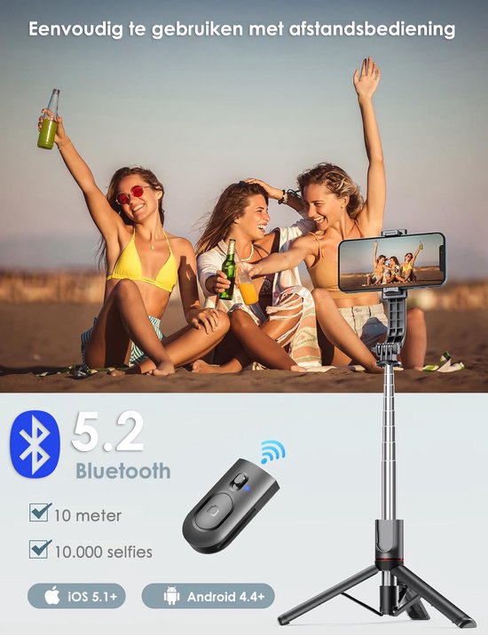 3-in-1 Tripod & Selfie Stick met LED Verlichting - 114 cm Uitschuifbaar - Bluetooth Afstandsbediening - Voor iPhone & Android - Statief Telefoon