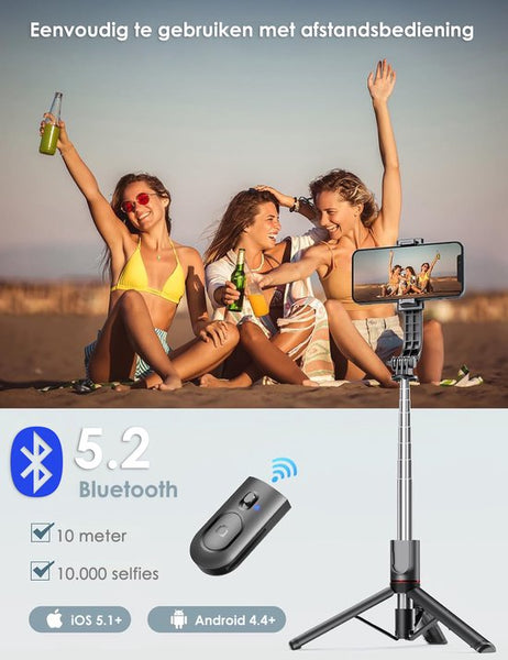 3-in-1 Tripod & Selfie Stick met LED Verlichting - 114 cm Uitschuifbaar - Bluetooth Afstandsbediening - Voor iPhone & Android - Statief Telefoon