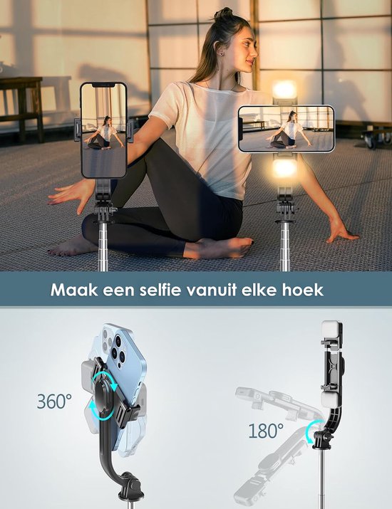 3-in-1 Tripod & Selfie Stick met LED Verlichting - 114 cm Uitschuifbaar - Bluetooth Afstandsbediening - Voor iPhone & Android - Statief Telefoon