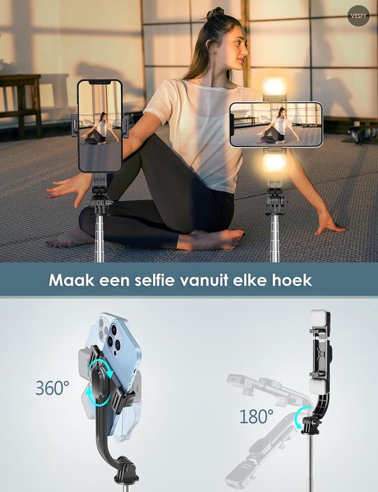 Vesfy 3-in-1 Selfiestick met Statief & LED Verlichting - Bluetooth - 114cm - Voor iPhone & Android
