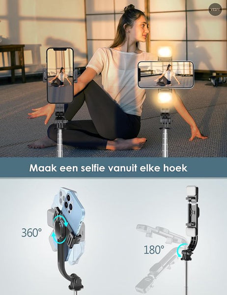 Vesfy 3-in-1 Selfiestick met Statief & LED Verlichting - Bluetooth - 114cm - Voor iPhone & Android