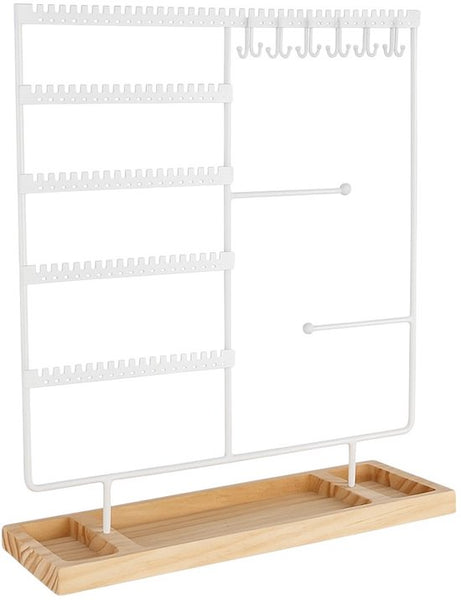 Sieradenhouder Wit met Houten Bodem – Organizer voor Kettingen, Oorbellen en Armbanden – Met Haakjes, Gaatjes en Opbergvakjes – 36,8 x 29 cm
