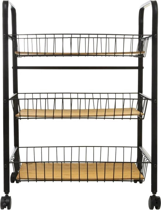 5Five® Serveerwagen met 3 draadstaal opbergvakken 52x39x70 cm - Zwart