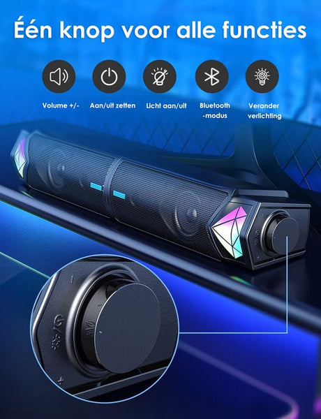 Vesfy 2-in-1 Soundbar & PC Speakers - Bluetooth 5.3 - RGB Verlichting - HiFi Stereo - Geschikt voor PC, Laptop & Monitor - Gaming & Muziek