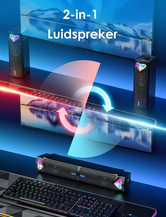 Vesfy 2-in-1 Soundbar & PC Speakers - Bluetooth 5.3 - RGB Verlichting - HiFi Stereo - Geschikt voor PC, Laptop & Monitor - Gaming & Muziek