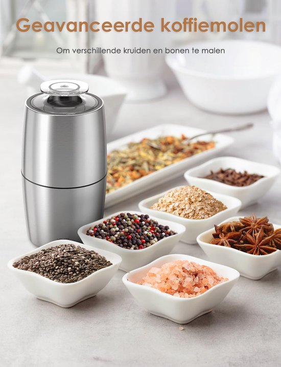Elektrische Koffiemolen - 200W - 60g Capaciteit - Roestvrij Staal - Stil (45dB) - Koffiebonen, Noten & Specerijen