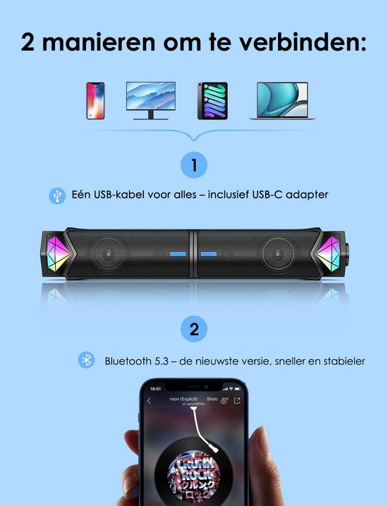 Vesfy 2-in-1 Soundbar & PC Speakers - Bluetooth 5.3 - RGB Verlichting - HiFi Stereo - Geschikt voor PC, Laptop & Monitor - Gaming & Muziek