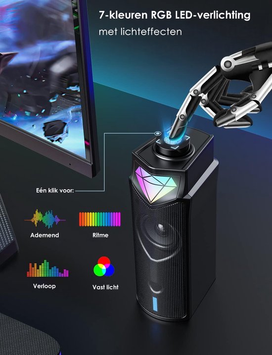Vesfy 2-in-1 Soundbar & PC Speakers - Bluetooth 5.3 - RGB Verlichting - HiFi Stereo - Geschikt voor PC, Laptop & Monitor - Gaming & Muziek