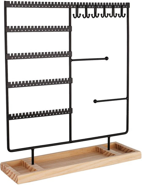 Sieradenhouder met Houten Bodem – Metalen Sieradenrek voor Kettingen, Oorbellen & Armbanden – Industrieel Design – Organizer voor Sieraden – Zwart & Hout