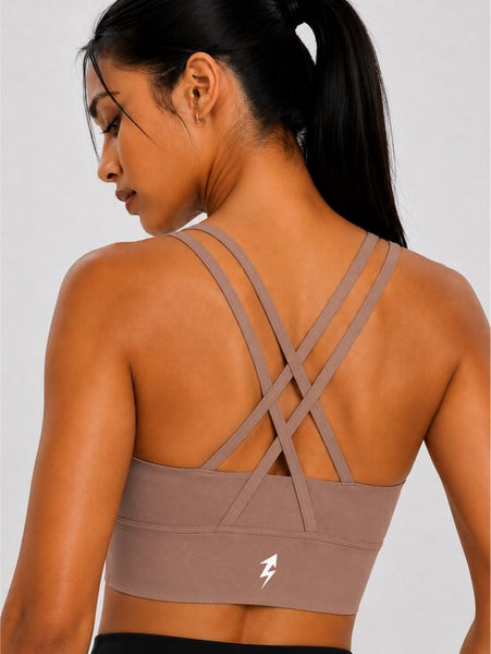 SparkNine Elevate sport-bh - M - cacao - gekruiste rug - push-up effect - stevige ondersteuning - met uitneembare pads