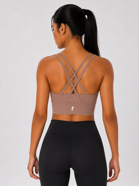 SparkNine Elevate sport-bh - M - cacao - gekruiste rug - push-up effect - stevige ondersteuning - met uitneembare pads