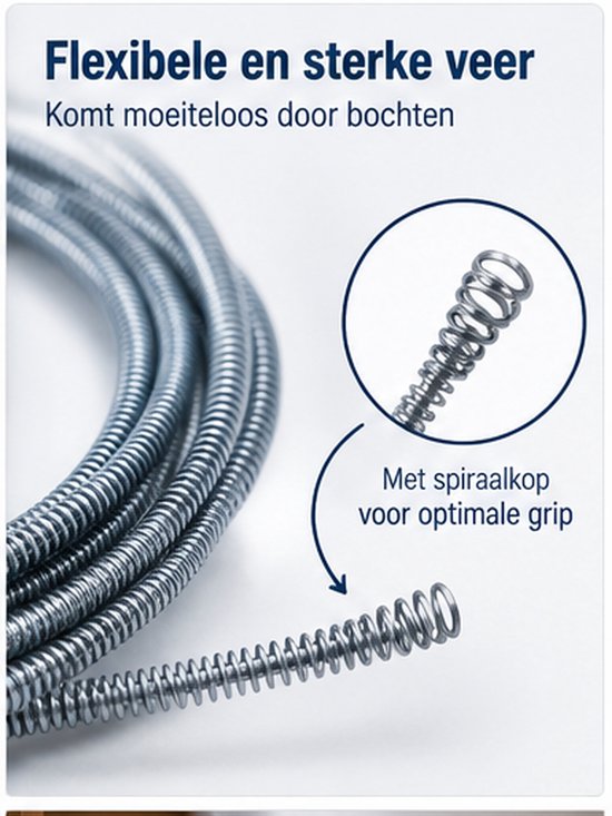 Ontstoppingsveer 5 Meter – Trekveer voor Afvoer – Rioolveer voor Verstopte Leidingen – Flexibele Afvoer Ontstopper – Voor Gootsteen, Douche & Afvoer