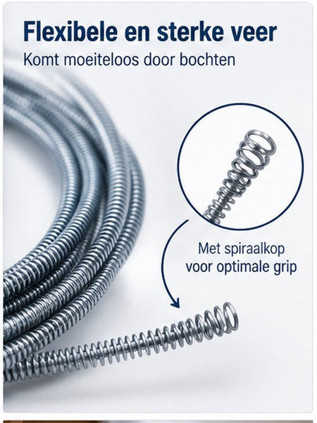 Ontstoppingsveer 5 Meter – Trekveer voor Afvoer – Rioolveer voor Verstopte Leidingen – Flexibele Afvoer Ontstopper – Voor Gootsteen, Douche & Afvoer
