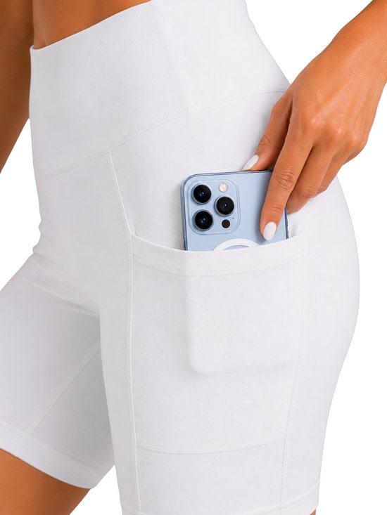 SparkNine Softflow korte sportbroek - met zakken - zachte stof - XS - wit - dames short - half lang - fietsshort