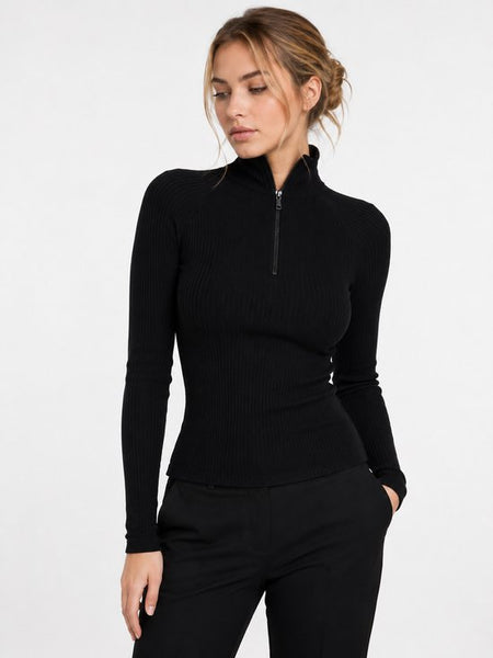 SparkNine Velora dames longsleeve - coltrui - hoge kraag met rits - aansluitende pasvorm - elastisch - XXL - zwart - cropped - gestreepte print
