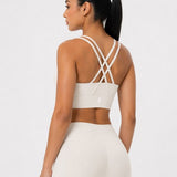 SparkNine Elevate sport-bh - L - ivory - gekruiste rug - push-up effect - stevige ondersteuning - met uitneembare pads