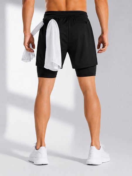 SparkNine Stridex fitness short heren - dubbellaags - met telefoonzak - XXL - zwart - sneldrogend - met handdoeklus & zakken - functioneel & comfortabel