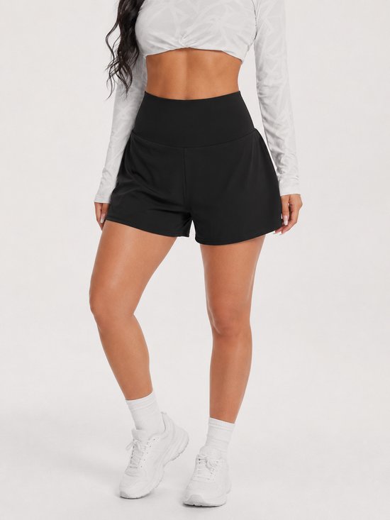 SparkNine Breeze dames short - sportshort - met telefoonzak - dubbellaags met binnenshort - M - zwart - fitness - hoge taille - ademend & sneldrogend