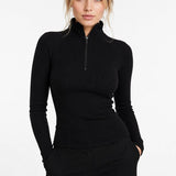 SparkNine Velora dames longsleeve - coltrui - hoge kraag met rits - aansluitende pasvorm - elastisch - XXL - zwart - cropped - gestreepte print