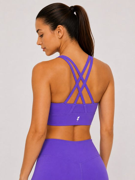 SparkNine Elevate sport-bh - L - paars - gekruiste rug - push-up effect - stevige ondersteuning - met uitneembare pads