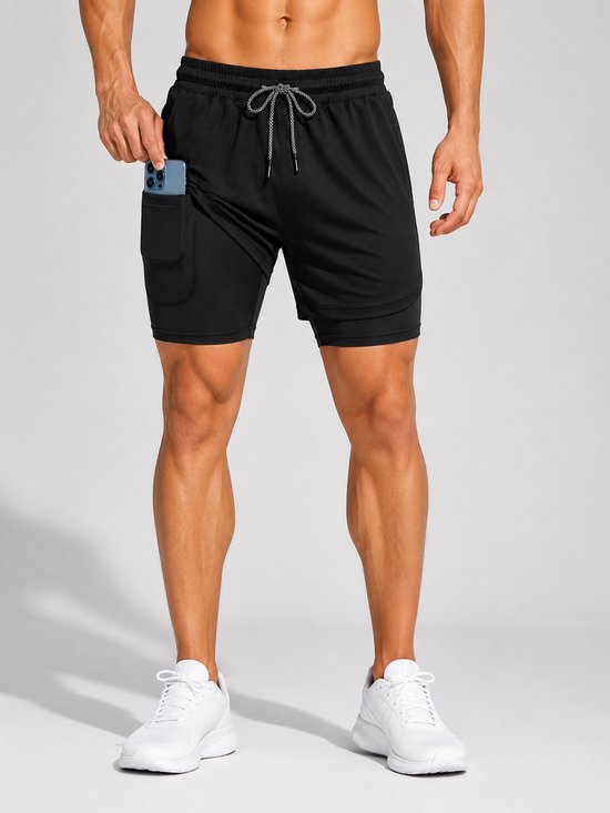 SparkNine Stridex fitness short heren - dubbellaags - met telefoonzak - XXL - zwart - sneldrogend - met handdoeklus & zakken - functioneel & comfortabel
