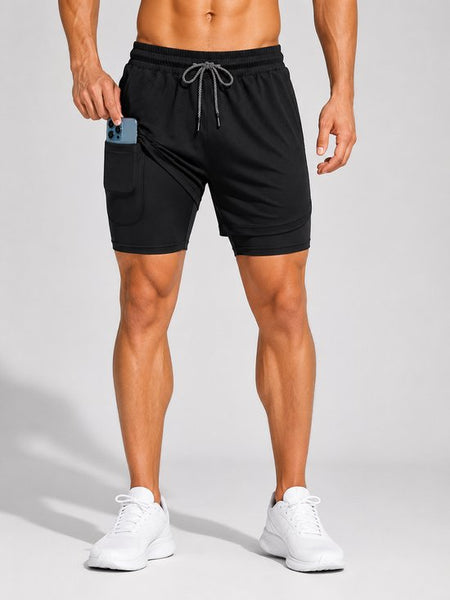 SparkNine Stridex fitness short heren - dubbellaags - met telefoonzak - XXL - zwart - sneldrogend - met handdoeklus & zakken - functioneel & comfortabel