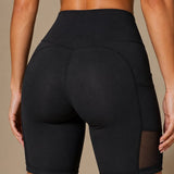 SparkNine Meshflex dames short - met zakken - stijlvolle mesh - S - zwart - hoge taille - ademend - fitness short - korte broek