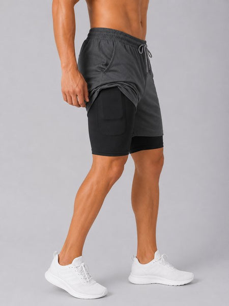 SparkNine Stridex fitness short heren - dubbellaags - met telefoonzak - XXL - grijs - sneldrogend - met handdoeklus & zakken - functioneel & comfortabel