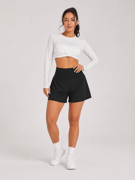 SparkNine Breeze dames short - sportshort - met telefoonzak - dubbellaags met binnenshort - M - zwart - fitness - hoge taille - ademend & sneldrogend