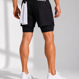SparkNine Stridex fitness short heren - dubbellaags - met telefoonzak - M - zwart-wit - sneldrogend - met handdoeklus & zakken - functioneel & comfortabel